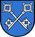  Das Gemeindewappen Ellhofen/Heilbronn zeigt zwei weiße, sich überkreuzende Schlüssel auf blauen Hintergrund 