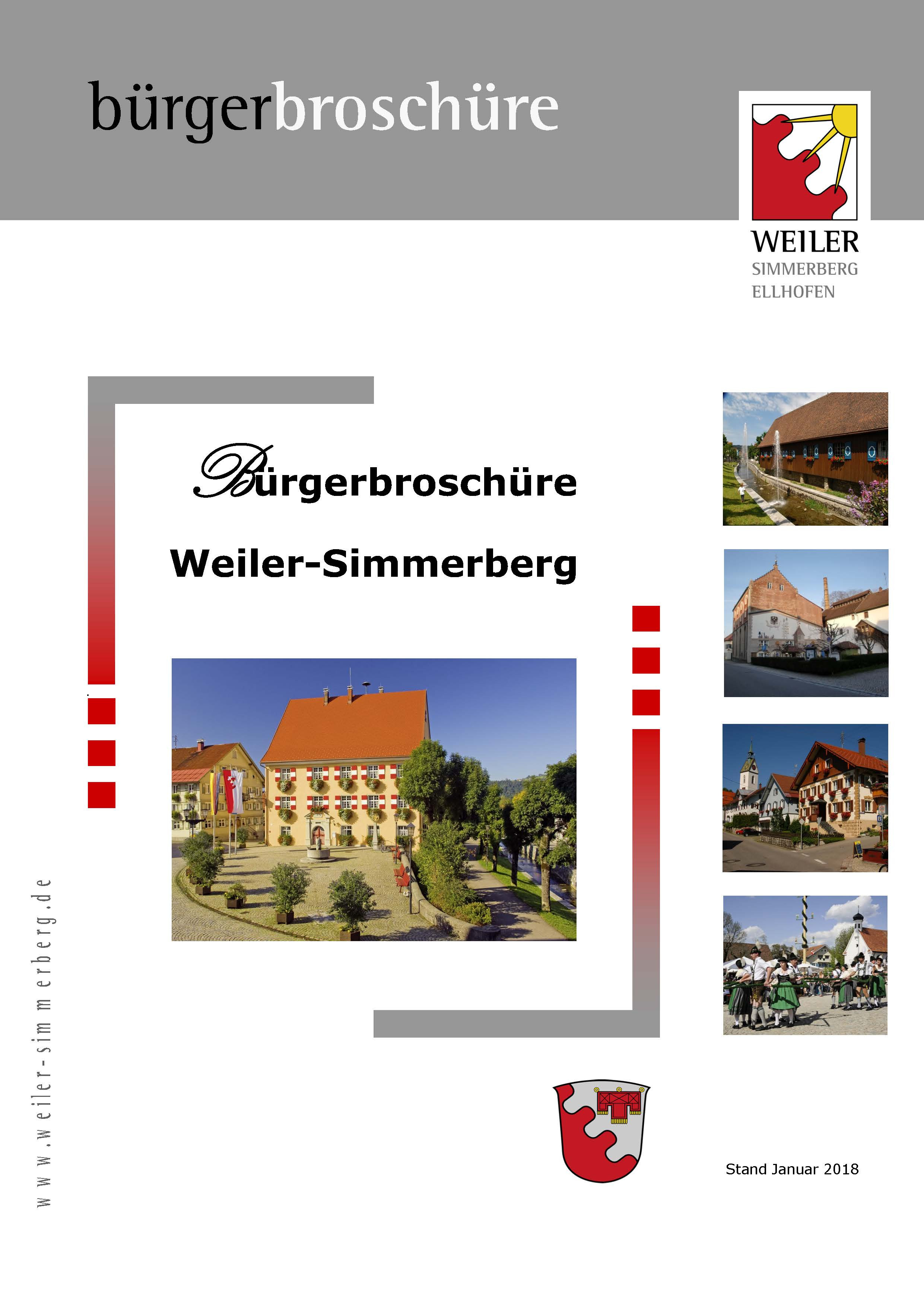  Auf dem Deckblatt Neubürgerbroschüre ist das Rathaus von Weiler im Allgäu in der Mitte abgebildet, auf der rechten Seite befinden sich von oben nach unten kleinere Bilder von Gebäuden des Marktes Weiler-Simmerberg 