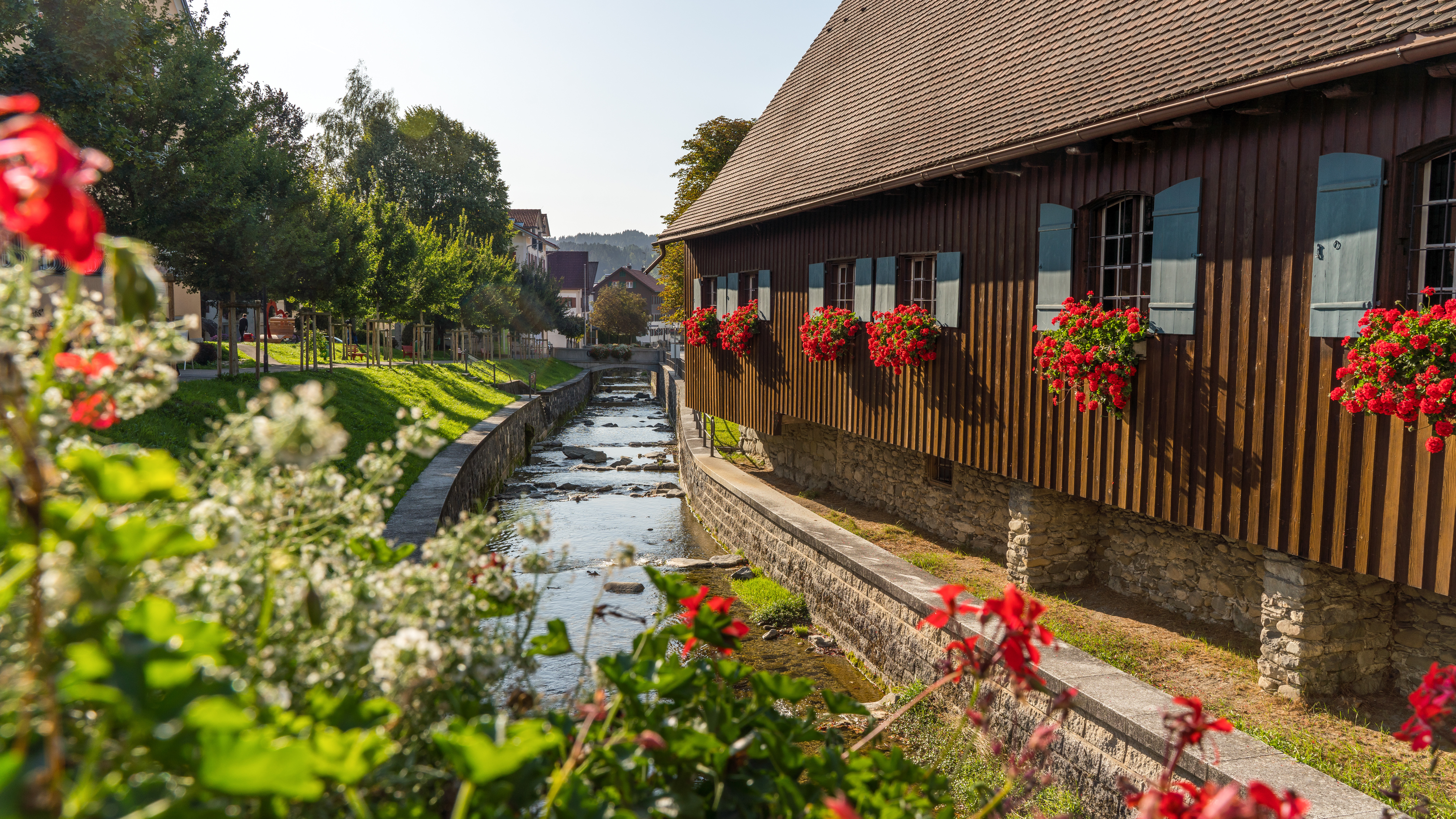  Kornhaus am Hausbach mit roten Blumen beschmückt - das Bild wird mit Klick vergrößert 